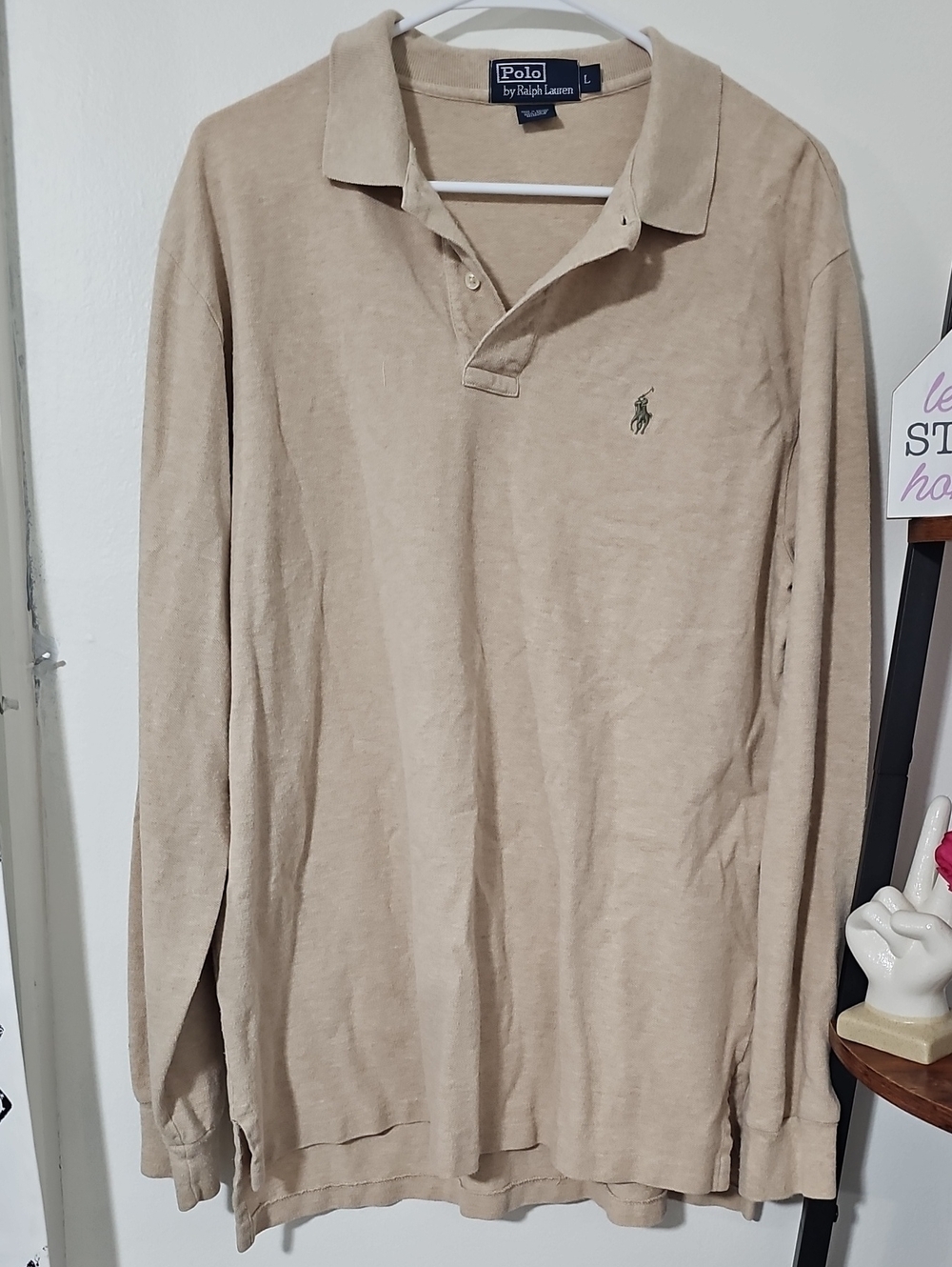 Vintage Polo by Ralph Lauren Long Sleeve Polo Shirt Mens L Beige Tan Pony Logo 1